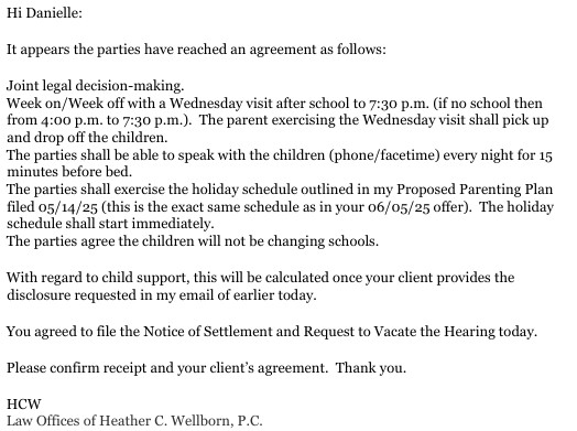 June 24 2025 proposed parenting agreement stating it appears the parties have reached an agreement